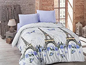 Brielle Duvet Cover Set 4 Pcs Full Double Size Queen Size Bedding Set 100% Ranforce Cotton Bedding Linens Turkish Cotton Comforter Cover Bedding Sheet Set Paris themed (paris v1 d purple)