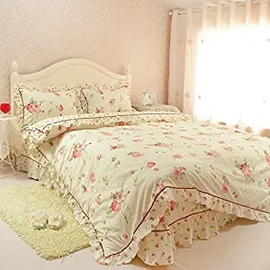 LELVA Rose Floral Print Duvet Cover Set Girls Bedding Set 100% Cotton Lace Ruffle Bedding Twin Full Queen (Queen, 1)