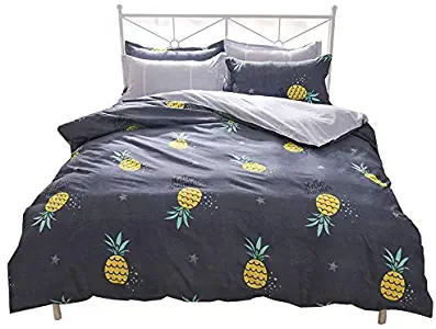 Kimko Pineapple Bedding Set - Kids Soft Bedding Collection - Yellow Pineapple Dark Duvet Cover Pattern-JUST COVER-4Pcs -1 Duvet Cover Set + 1 Flat Sheet + 2 Pillowcases (# Pineapple, King)