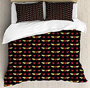 Angel Wings Duvet Cover Set King Size, Wings of Love Themed Hearts Flying Romantic Couple Celebration Design, Decorative 3 Piece Bedding Set with 2 Pillow Shams, Yellow Ruby Black