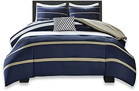 Comfort Spaces Verone 4 Piece Comforter Set Ultra Soft Microfiber Stripe Printed for College Dormitory, Guest Room Bedding, Queen, White & Blue