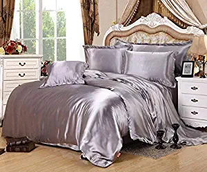 Luxury 4-Piece Satin/Sateen Silky Bed Sheet Set Bedding Collection,Summer Duvet Cover Sets Flat Sheet Set-Silver Grey,Queen