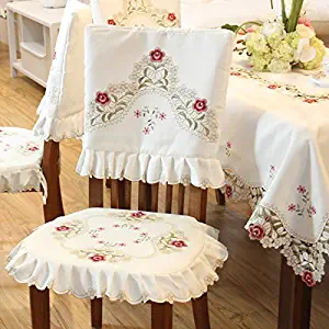 JH tablecloths Damask Rose Camellia Embroidered Cream Floral Chair Back Cover and Cushion Cover