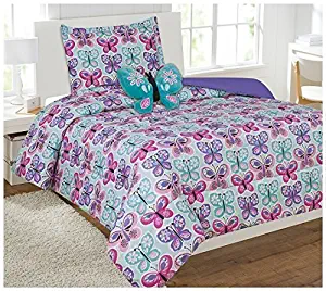 Twin Size 6pc Comforter Set for Girls Butterfly Light Blue Turquoise Pink Purple New