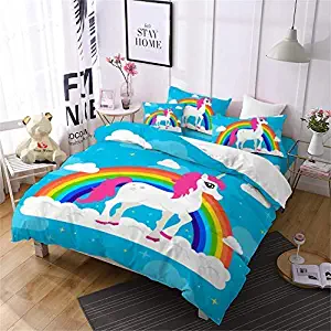 Jessy Home Duvet Cover Queen Set, 4 PC Cartoon 3D Bedding Set, Unique Print with Unicorn for Girls,1 Duvet Cover/1 Flat Bed Sheets/2 Pillowcases,Without Comforter