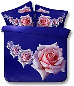 Erosebridal Pink Rose Duvet Cover Queen for Girls Women Romantic Floral Bedding Sets Soft Microfiber Rose Print on Blue Comforter Cover Decorative 3 Piece Bedding Set with 2 Pillow Shams