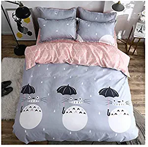 KFZ Bed Set Totoro CAT Print 4pcs Bedding Set Duvet Cover Without Comforter Flat Sheet Pillowcase XS Twin Full Queen for Kids Teens Magic Cat A/B Design (Magic Cat, Grey, Queen, 78"x91")