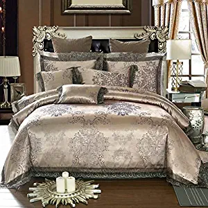 UniTendo 4 Piece Sateen Cotton Jacquard Duvet Cover Sets,Delicate Floral Pattern Bedding Sets,Duvet Cover Flat Sheet and 2 Pillowcases,Queen/Full Size, Dark Brown.