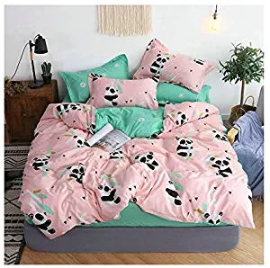 KFZ Unicorn Panda Cat Printed Bed Set BeddingSet Includes Comforter Cover Fitted Sheet Pillowcases Twin Full Queen Sheets Set Super Soft for Kids Adult 4pcs/Set (Little Panda, Pink, Twin 60"x80")