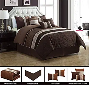 Modern 7 Piece QUEEN Bedding BROWN, TAUPE "ADYA" Pin Tuck, Embroidered and Embossed Comforter Set with accent pillows