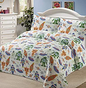 Luxury Home Collection 3 Piece Full/Queen Size Quilt Coverlet Bedspread Bedding Set for Kids Teens Boys Robots Solar System Rockets Space Ships Stars Blue Green Red Yellow Orange