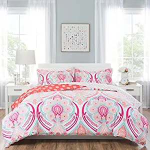 Home Dynamix Nicole Miller Kids Isabella Plush Microfiber Twin Comforter Set with Cotton Sheet Set, 5 Piece, Pink/Blue/Coral Medallions