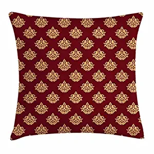 Damask Throw Pillow Cushion Cover, Arabesque Designs from Middle Eastern Folklore Floral Elements Foliage Silhouette, Decorative Square Accent Pillow Case, 18 X 18 Inches, Ruby Beige