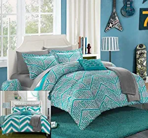 Chic Home 10 Piece Laredo Chevron and Geometric Printed Reversible Comforter Sheet Set, Full, Aqua