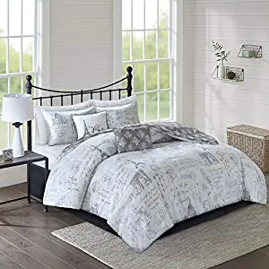 5pc Gray White Paris Full Queen Comforter Set,Stamp Full Queen Bedding Comforter,Parisian Travel Wanderlust Postage Printed Country Damask Charcoal Casual Eiffel Tower Reversible Hypoallergenic