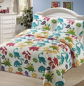 Luxury Home Collection 3 Piece Full/Queen Size Quilt Coverlet Bedspread Bedding Set for Kids Boys Dinosaur Blue White Green Red Purple Yellow Orange