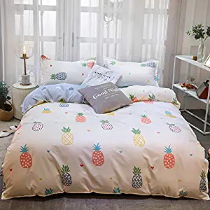 Kimko Pineapple Bedding Set - Kids Soft Bedding Collection - Pineapple Pink Flowers Green Leaves Pattern-4Pcs -1 Duvet Cover Set + 1 Bed Sheet + 2 Pillowcases (Full, Pineapple)