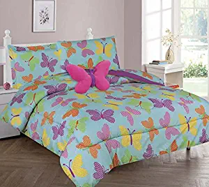 6 Piece Twin Size Girls Comforter Set Bed in Bag w/Sham, Sheet Set & Decorative Toy Pillow, Butterfly Turquoise Pink Purple Girls Comforter Bedding Set w/Sheets, Twin 6pc Butterfly Turq