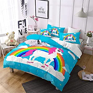 Jessy Home Blue Rainbow Cartoon Unicorn Bedding Twin for Girls,Cartoon 3D Duvet Cover Set 2 Pieces Includes 1 Pillowcase,Protects and Covers Your Duvet Insert