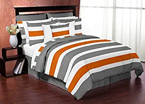 Sweet Jojo Designs 3-Piece Gray, Orange and White Childrens, Teen Full/Queen Boys Stripe Bedding Set Collection