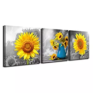 Maectpo Bathroom Wall Decor Triptych Flower Canvas Wall Art Yellow Sunflower Pictures Canvas Prints for Bedroom Dining Room Living Room Wall Decor 3 Piece Set Artwork for Walls Ready to Hang