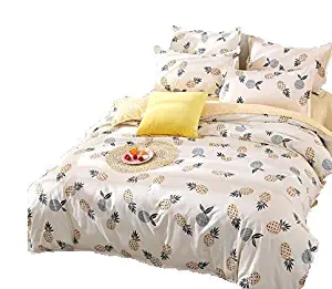 Kimko Kids Pineapple Bedding Set - Fresh Soft Bedding Collection - Yellow Pineapple Green Leaves Pattern White Cover -4Pcs -1 Duvet Cover Set + 1 Bed Sheet + 2 Pillowcases