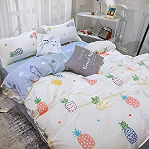 Kimko Pineapple Bedding Set - Kids Soft Bedding Collection - Pineapple Pink Flowers Green Leaves Pattern-4Pcs -1 Duvet Cover Set + 1 Bed Sheet + 2 Pillowcases (Twin, Pineapple)