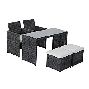 Outsunny 5-Piece Outdoor Rattan Wicker Dining Set Cushioned Patio Sectional Furniture with Glass Top Table