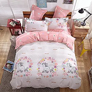 KFZ Girls Magic Unicorn Bed Set [4pcs King Size Bedding 86"x94"- Flat Sheet,Duvet Cover Pillow Cases No Comforter] Pink Princess Worthy Theme, Quality Microfiber,Soft Material for Skin-Friendly