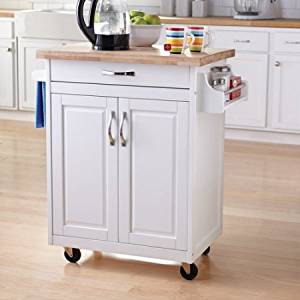 Kitchen Cart Rolling Island Storage Unit Cabinet Utility Portable Home Microwave Wheels Butcher Wood Top Drawer Shelf (White)