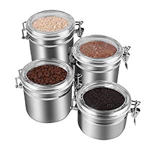 4-Piece Stainless Steel Airtight Canister Set, Beautiful Food Storage Container for Kitchen Counter, Tea, Sugar, Coffee, Caddy, Flour Canister with Clear Acrylic Lid n' Locking Clamp Up to 65 oz