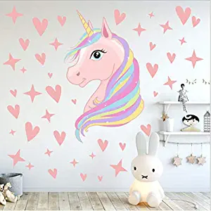 AIYANG Pink Unicorn Wall Decals Stars Love Hearts Stickers Girls Babies Children Teens Bedroom Playroom Decoration