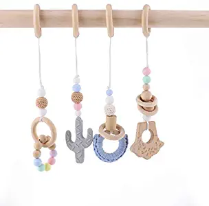 HAO JIE 4pc Wooden Baby Play Gym Mobiles Activity Gym Toys for Infant Wood Ring Cactus Handmade Rattles