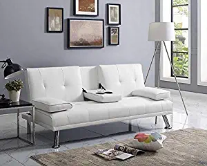 Naomi Home Futon Sofa with Armrest and Cupholders White