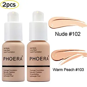 2 Pcs PHOERA Soft Matte Full Coverage Liquid Foundation Brighten Highlighting Matte Oil Control Concealer Facial Blemish Concealer Color Changing Foundation for Women Girls