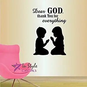 Wall Vinyl Decal Home Decor Art Sticker Silhouette Dear God Thank You for Everything Quote Phrase Little Boy and Girl Praying Religious Kids Nursery Bedroom Living Room Removable Mural Design 38