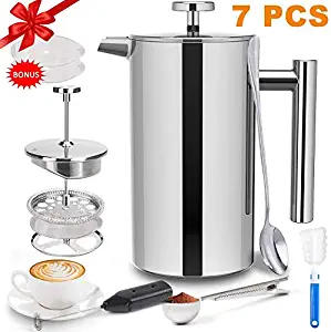 French Press Coffee Maker (34 OZ), French Press Stainless Steel with 2 French Press Filters, Milk Frother and Coffee Scoop, Camping Coffee Maker French Coffee Press Stainless Steel Coffee & Tea Maker.