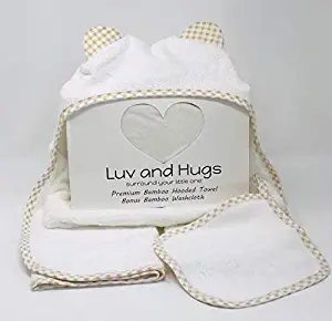 Luv and Hugs Brown Gingham Plaid Premium Baby Towel with Hood Plus Bonus Washcloth - Organic Baby Towels and Washcloths - Large Bamboo Baby Bath Towel - Toddler/Baby Boy or Baby Girl Gifts