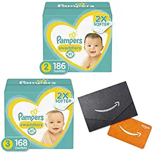 Diapers Size 2, 186 Count and Size 3, 168 Count - Pampers Swaddlers Disposable Baby Diapers, One Month Supply with $20 Gift Card