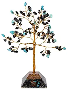 Crocon Black Tourmaline & Turquoise Gemstone Money Tree Bonsai | Orgone Pyramid Base | Feng Shui | Chakra Balancing | Reiki Healing | EMF Protection | Aura Cleansing | Spiritual Decor |Size: 6-7 Inch