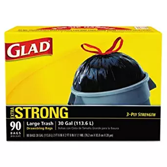 GLAD 70313 Drawstring Outdoor 30-Gallon Trash Bags, 1.05 Mil, 30" x 33", Black (Pack of 90)