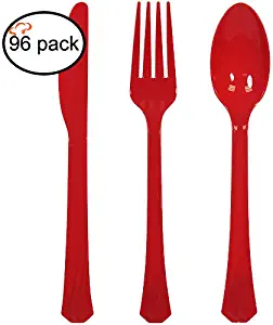 Tiger Chef Plastic Cutlery Set Heavy Duty Colored Plastic Silverware - Includes 32 Forks, 32 Teaspoons, and 32 Knives (Red, 96)