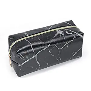 Mikey Store Marble Makeup Bag Organizer, Portable PU Cosmetic Pouch Travel Brush Holder Pencil Storage Case for Women (7.5"x3.5"x2.8") (Black)