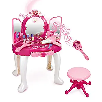 SainSmart Jr. Pretend Princess Girls Vanity Table with Fairy Infrared Control and MP3 Music Playing, Princess Dressing Makeup Table, with Mirror, Cosmetics and Working Hair Dryer