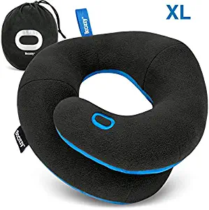 BCOZZY Chin Supporting Travel Neck Pillow - for Traveling and Comfortable Sleep on Airplane, Car Road Trips, Bus, Train, or at Home – Fully Machine Washable, Carry Bag. Adult XL, Black