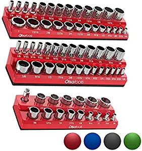 Olsa Tools Magnetic Socket Organizer | 3 Piece Socket Holder Kit | 1/2-inch, 3/8-inch, 1/4-inch Drive | SAE Red | Holds 68 Sockets | Premium Quality Tools Organizer