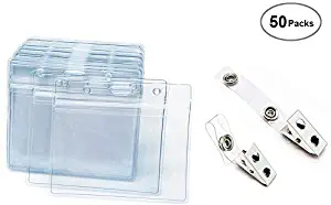 50 Pcs Clear Plastic Horizontal Name Tag Badge Id Card Holders and Metal Id Badge Holder Clips