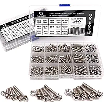 Comdox 360-Pack 12 Sizes Phillips Pan Head Machine Screws Bolts Nuts Lock Flat Washers Assortment Kit, Carbon Steel, M3 M4 M5