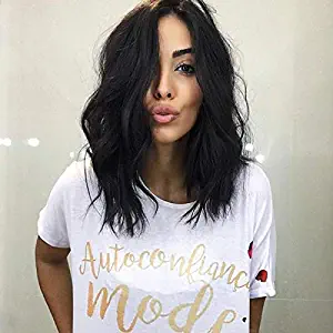 ENTRANCED STYLES Short Black Wig Bob Curly Wig for Women Synthetic Wigs for Girls Natural Wig with Side Parting Heat Resistant Fiber