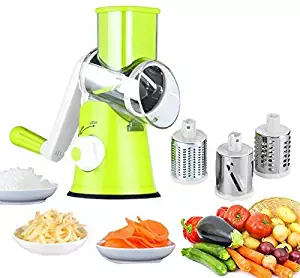 Edofiy E-KW-D020 Manual Speedy Rotared Vegetable Fruit Cheese Nut Slicer Cutter Shredder Grinder With 3 Interchangeable Round Stainless Steel Blades Large Green